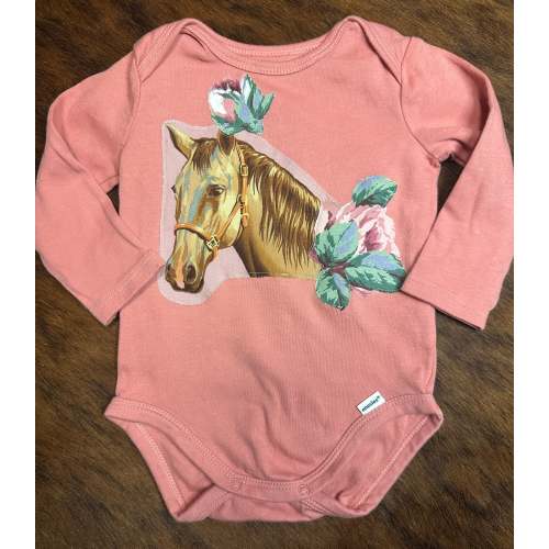 Horse & Rose Long Sleeve Pink Onesie, Size 3-6 mons.