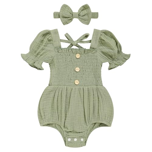 Baby Girl Romper Newborn Puff Sleeve Smocked Outfit with Headband for Infants Soft Cotton Photo Shoot