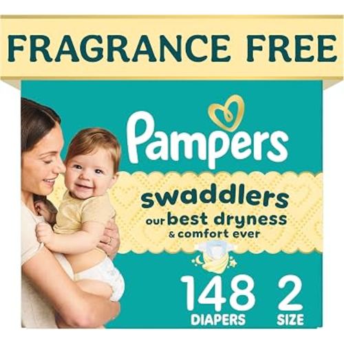 Pampers Swaddlers Diapers, Size 2 (10-22 lbs), 148 Count, Fragrance Free, Hypoallergenic, Absorbent, Pediatrician Recommended, Skin Safe