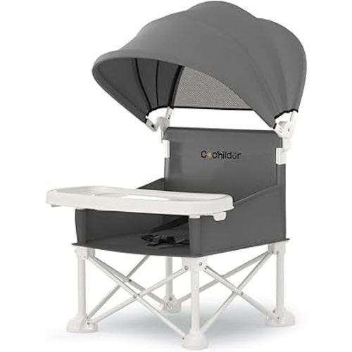 4-in-1 Portable Baby Chair, Foldable Toddler Booster Seat with Removable Tray, Canopy & Safety Harness, Gray