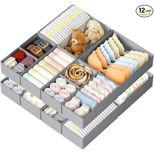 DIMJ Drawer Organizer Clothes, 12 Pack Dresser Organizer, Foldable Closet Organization and Storage Dividers, Fabric Dresser Drawer Organizers for Underwears, Nursery, Baby Clothes, Socks, Tie (Grey)