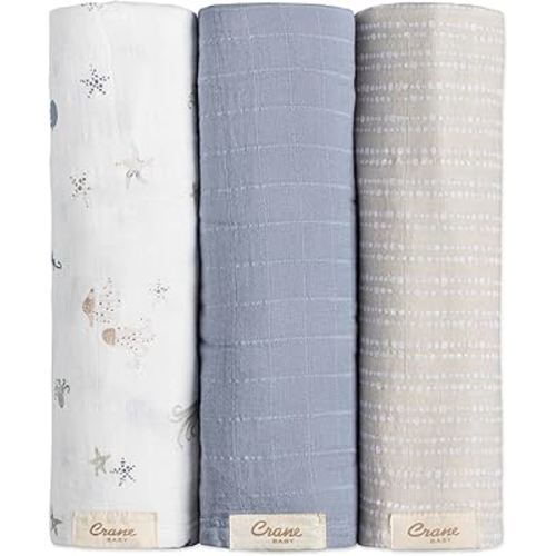 Crane Baby Blanket, 100% Cotton Muslin, Set of 3, 47 X 47, Nautical Ocean Muslin Blanket Sea Life Bohemian