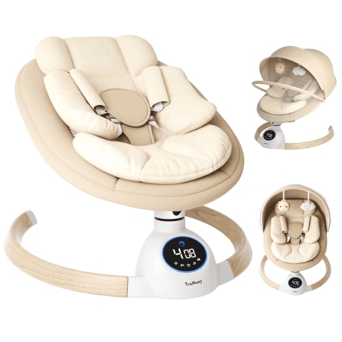 TouHeart Electric Baby Swing, Infant Rocker with Bluetooth & Remote,5 Speeds,10 Lullabies,3 Timing, Khaki
