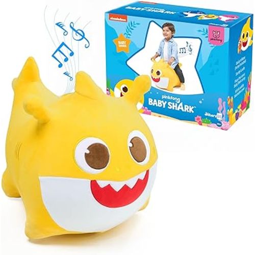 JITTERYGIT Baby Shark Official Bouncy Hopper Plush Musical Singing Toy - Inflatable Animal Ride On for Indoor & Outdoor - Birthday Gift for Kids & Toddlers (Boys & Girls) Ages 18+ Months (Yellow)
