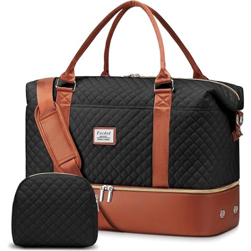 Travel Weekender Duffle Bags for Women: Overnight Bags with Shoe Compartment Large Carry on Weekend Bag with Toiletry & Wet Pocket Tote Duffel Bag Hospital Bag for Women Labor Delivery Black Brown