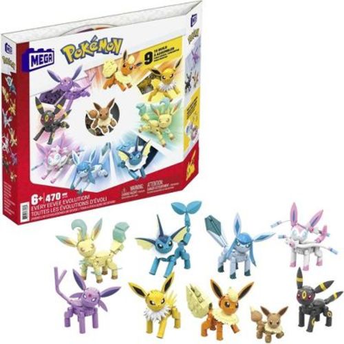 MEGA Pokemon Action Figure Building Toys for Kids, Every Eevee Evolution with 470 Pieces, 9 Characters,