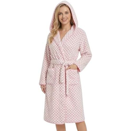 Checkered Hooded Bathrobe for Women, Coral Fleece Quick Dry Soft Absorbent Plush Y2K Robe