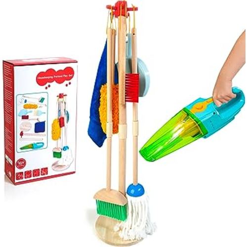 Kids Cleaning Set with Electric Vacuum Cleaners, Wooden Pretend Play Housekeeping Set, Toddler Cleaning Toys for Girls Boys Age 3+