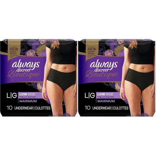 Always Discreet Boutique Low-Rise Postpartum Incontinence Underwear Size L Maximum Absorbency, Up to 100% Leak Protection, Black, 10 Count (Pack of 2)