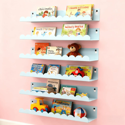 Nursery Book Shelves Set of 6, Blue Metal Floating Shelves for Wall, 16 Inch Scalloped Book Shelf for Kids Room, Bathroom, Bedroom, Playroom Wall Decor & Storage