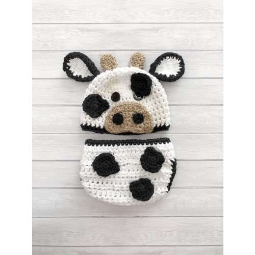 Cow hat and diaper cover, newborn photo prop, crochet baby hat, farm nursery or baby shower gift