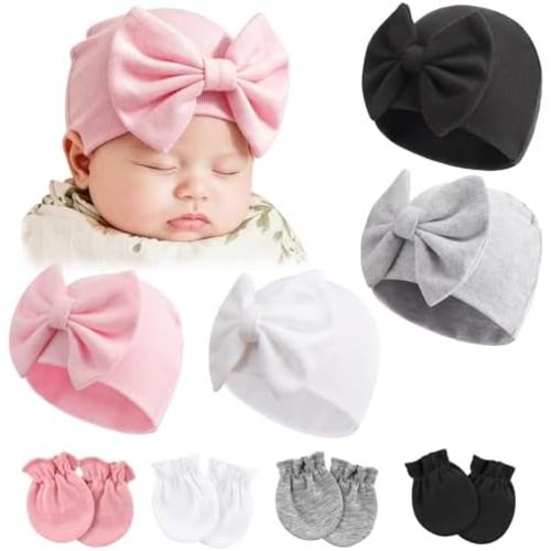 BQUBO Newborn Baby Hats Mittens Set Cotton Hospital Hat Preemie Infant Bow Hats No Scratch Mittens for Baby Girls 0-6 Months