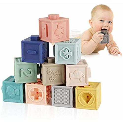 Mini Tudou Baby Blocks Soft Building Blocks Baby Toys Teethers Toy Educational Squeeze Play with Numbers Animals Shapes Textures 6 Months and Up 12PCS - baby blocks