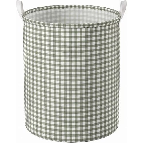 Sage Green Gingham Laundry Hamper, Collapsible Basket with Handle