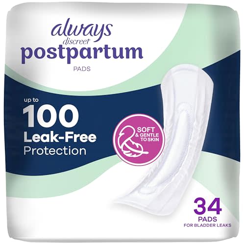 Always Discreet Postpartum and Adult Incontinence Pads for Women, Maximum Absorbency, Postpartum Pads, Up to 100% Bladder Leak Protection, 34 CT