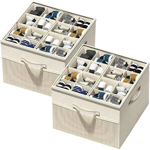Aokeyee Shoe Organizer for Closet, 2 Pack Foldable Shoe Storage Organizer Box Bin with Adjustable Dividers and Clear Cover, Fits up to 16-32 Pairs (Beige)