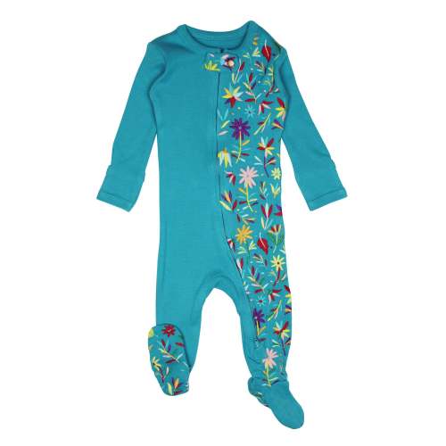 Organic Embroidered Zipper Footie, Teal Floral