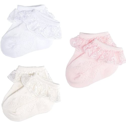 EPEIUS 3 Pair Pack Newborn Baby-Girls Eyelet Frilly Lace Socks Princess Ankle Socks White/Pink/Ivory 0-3 Months