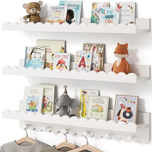G&W Gruwald Nursery Book Shelves, Scalloped Shelves with Coat Hooks, Set of 3, Nursey Decor