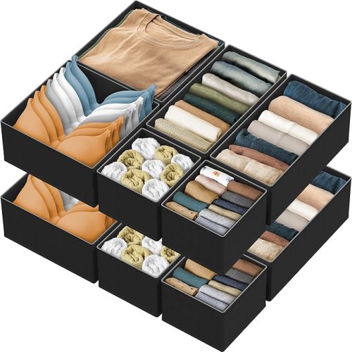 Simple Houseware Foldable Drawer Organizer Set of 12, Beige – Fabric Storage Bins for Clothes, Underwear, Bra, Panty, Socks, Onesies – Closet & Dresser Drawer Dividers for Home Organization