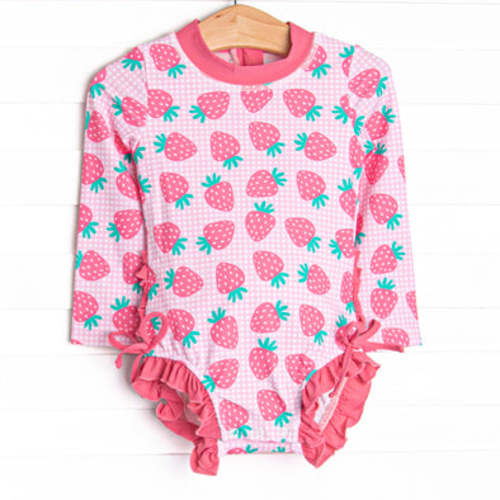 Very Strawberry Long Sleeve One Piece Rash Guard, Pink – Stitchy Fish