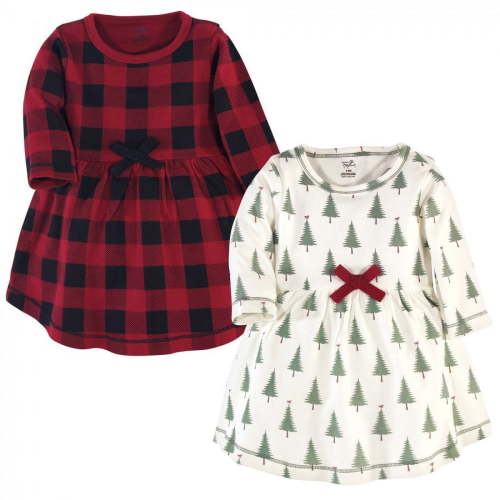 Touched by Nature Baby and Toddler Girl Organic Cotton Long-Sleeve Dresses 2pk, Tree Plaid, 0-3 Months