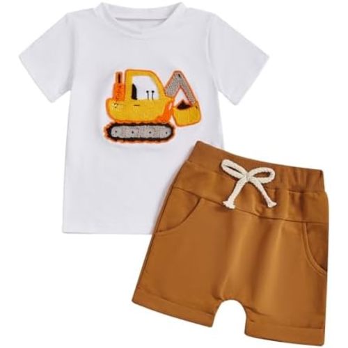 fhutpw Toddler Baby Boy Summer Clothes Embroidery T-Shirt Casual Shorts Sets Infant Truck Excavator Dinosaur Pattern Outfits