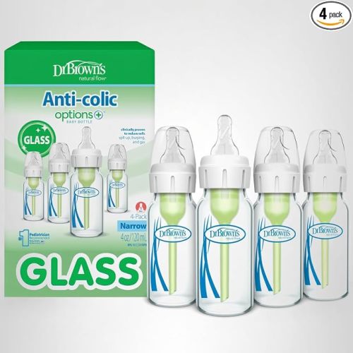 Dr. Brown's Anti-Colic Options+ Narrow Glass Baby Bottle with Level 1 Slow Flow Nipple, BPA-Free, 4 oz/120mL, 4-Pack