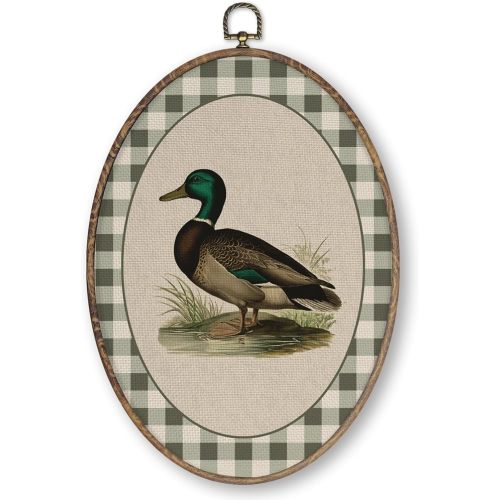 Qskjre Vintage Mallard Duck Wall Art Decor, Rustic Duck Nursery Oval Wood Framed Canvas Wall Artwork, Farmhouse Ducks Hanging Prints for Living Room Bedroom Bathroom Decorations, 8.6x11.4 inch