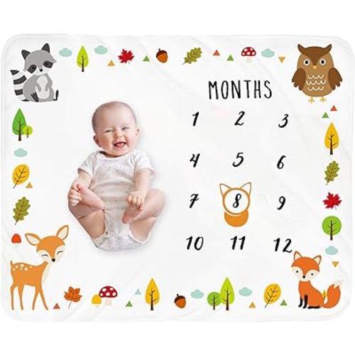 Tebaby Baby Monthly Milestone Blanket - Unisex Newborn Month Blanket for Boy & Girl Personalized Shower Gift Animals Nursery Decor Photography Background Prop with Frame Large 51''x40''