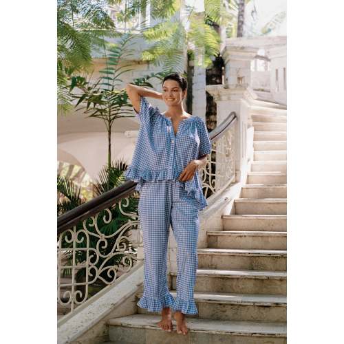 Sophie Sleep Set - Pants - Gingham - French Blue – Piyama USD
