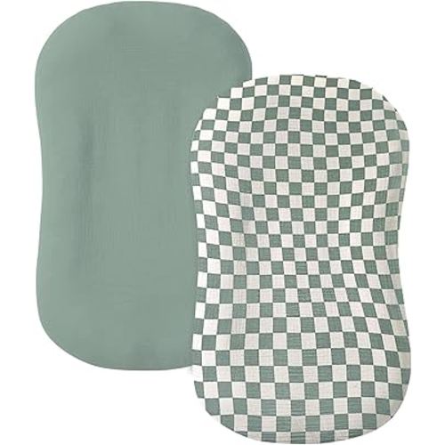 Muslin Baby Lounger Cover 2 Pack, 100% Cotton Infant Lounger Cover, Soft & Breathable Replacement Slipcover, Compatible with Snuggle Me Newborn Lounger (Roman Green,Green Check)