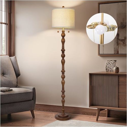 65.5" Natural Real Wood Floor Lamp with S Cluster Pull Chains Dual Switch,Wood Base Standing Lamp,Rustic Tall Lamp with Linen Shade,Farmhouse Floor Lamp for Living Room,Bedroom,Office(Bulb Included)