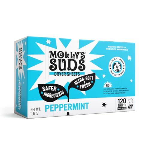 Molly's Suds Fabric Softener Dryer Sheets for Sensitive Skin | Plant-Based Static Reducer, Plastic-Free Packaging | Peppermint (120 Sheets)