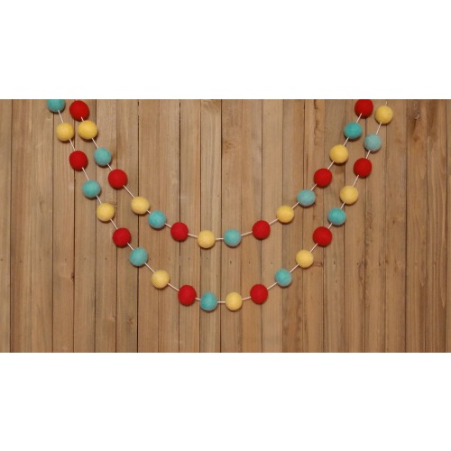 Red Aqua and Yellow Felt Ball Garland, Baby Nursery Decor, Baby Shower Decorations, Circus Birthday Party, Kids Playroom