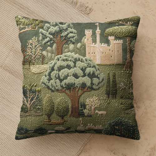 Medieval Castle Throw Pillow Cover, Vintage Storybook Cottagecore Decor