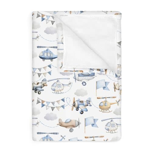 Watercolor Airplanes Helicopters Baby Blankets for Boy Girl Vintage Aircraft Soft Flannel Swaddle Receiving Blankets for Infant Toddler Crib Blue Air Transport Travel Nursery Bed Blankets 30x40inch