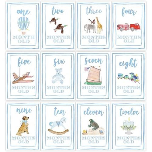 CIEQR Watercolor Monthly Milestone Cards - Baby Milestone Cards Set, Monthly Markers for for Newborn to 12 Months, Photo Prop, Baby Shower (Blue)