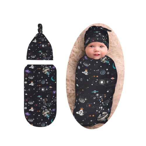 Space Galaxy Swaddle with Beanie Set, Soft and Stretchy Constellation Swaddlling Blanket for Boy and Girl Gift