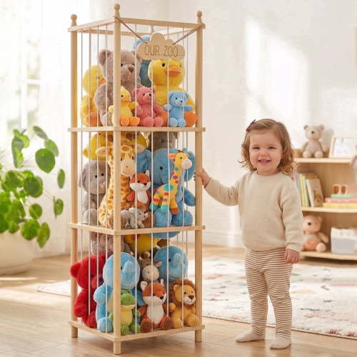 Scohul Stuffed Animal Storage Tower, 54-inch Kids Toy Organizer, Natural Pine Wood