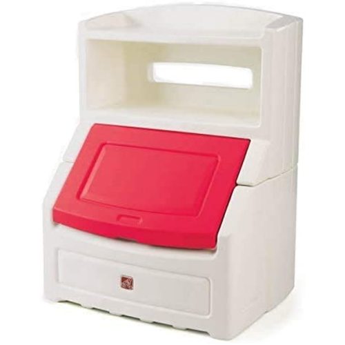 Step2 Lift and Hide Bookcase Storage Chest for Kids - Durable Plastic Toy Box Bookshelf Organizer, White/Red