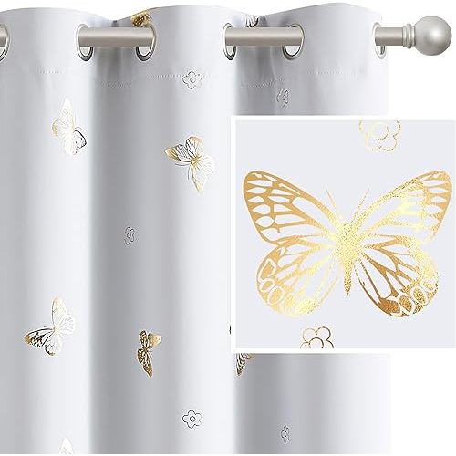 Jubilantex Gold Butterfly Blackout Curtains on Greyish White with Black Layer,Thermal Insulated Window Curtains for Bedroom Girls Room,52x84,2 Panels