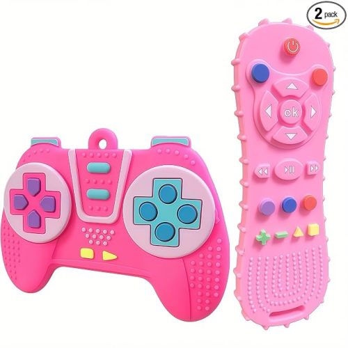 AALFA Baby Teething Toy, Soft TV Remote+Game Machine Shape Chew Set Intellectual Development Intellectual Development Educational Toy,Safe Silicone Toddler Infant (Pink (Handle+Remote Control))