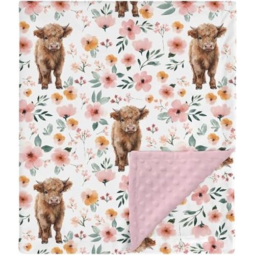 HawSkgFub Highland Cow Pink Floral Mink Baby Blankets with Dotted Backing Girls Shower Gift, Western Cowgirl Flower Double Layer Nursery Swaddle, Soft Newborn Infant Toddler Bed Crib Bedding 30 x 40