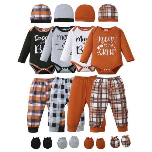 KIMI BEAR Newborn Baby Boys Layette Set Winter Outfits Long Sleeves Romper Set Letter Print Top Plaid Pants with Hats and Gloves 16pcs Clothing Brown 0-3 Months