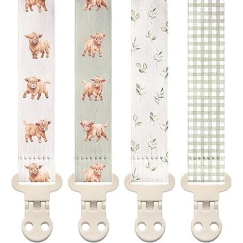 Stadela Baby Fabric Pacifier Clip Holder, Plastic Clip, 4‑Pack, Farm Pattern, Rowan Set