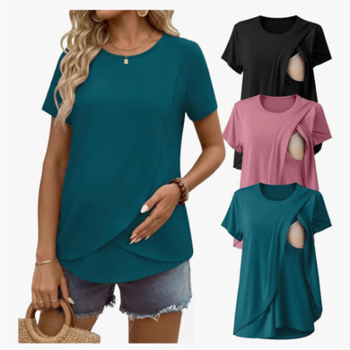 Ekouaer Nursing Shirts 3 Packs Short Sleeve Breastfeeding Tops Summer Maternity T Shirts Postpartum Double Layer Clothes
