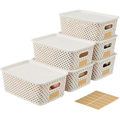 White, Small Plastic Twill Woven Storage Baskets with Lids, Stackable Organizing Containers with Labels for Pantry Closet Office, 6-Pack,10.35"x7.3"x4.09", White