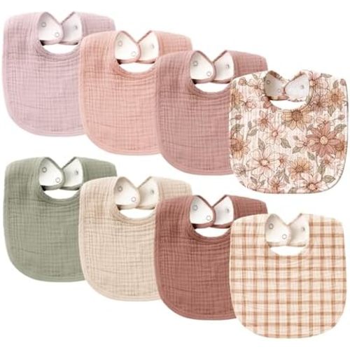 Konssy 8-Pack Muslin Baby Bibs, Adjustable Fit for Drooling and Teething