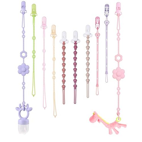Pacifier Clip Set: 10 Pack with Locking Clips | Extra Long + Short Leashes for Baby Pacifiers Clips (Multicolor 2)